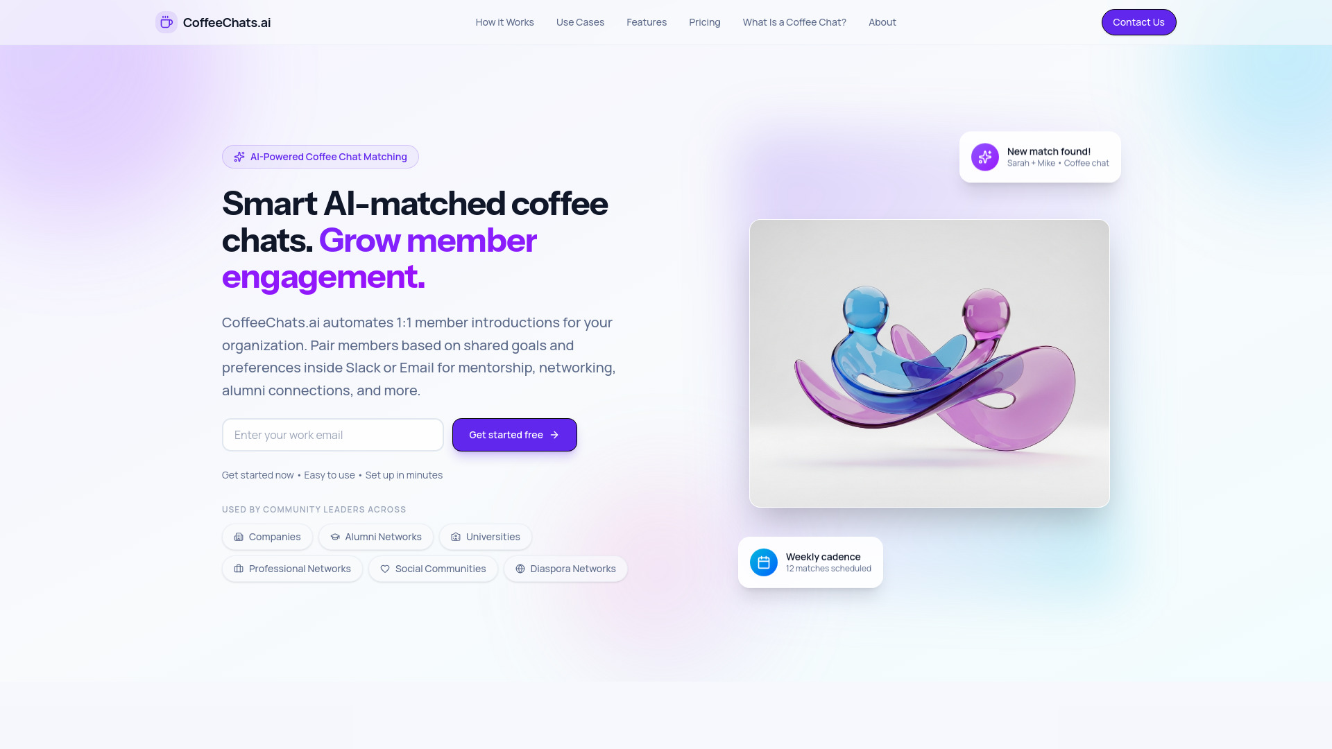 image for CoffeeChats.ai - 1:1 Intros for Mentorship, Employee Engagement, Communities image for CoffeeChats.ai - 1:1 Intros for Mentorship, Employee Engagement, Communities